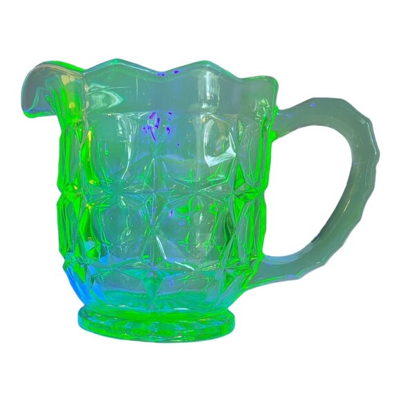 Uranium Green Vaseline Glass Pitcher Jug 5.5" Tall Blocked Pattern - Picture 8 of 8